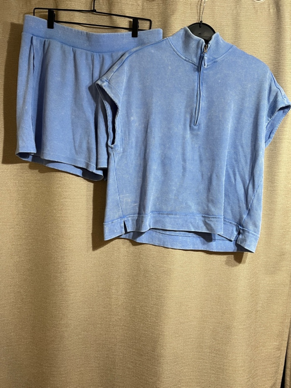 Sunnyside by Sundry Blue Waffle Knit Lounge Set Quarter Zip & Shorts XL
